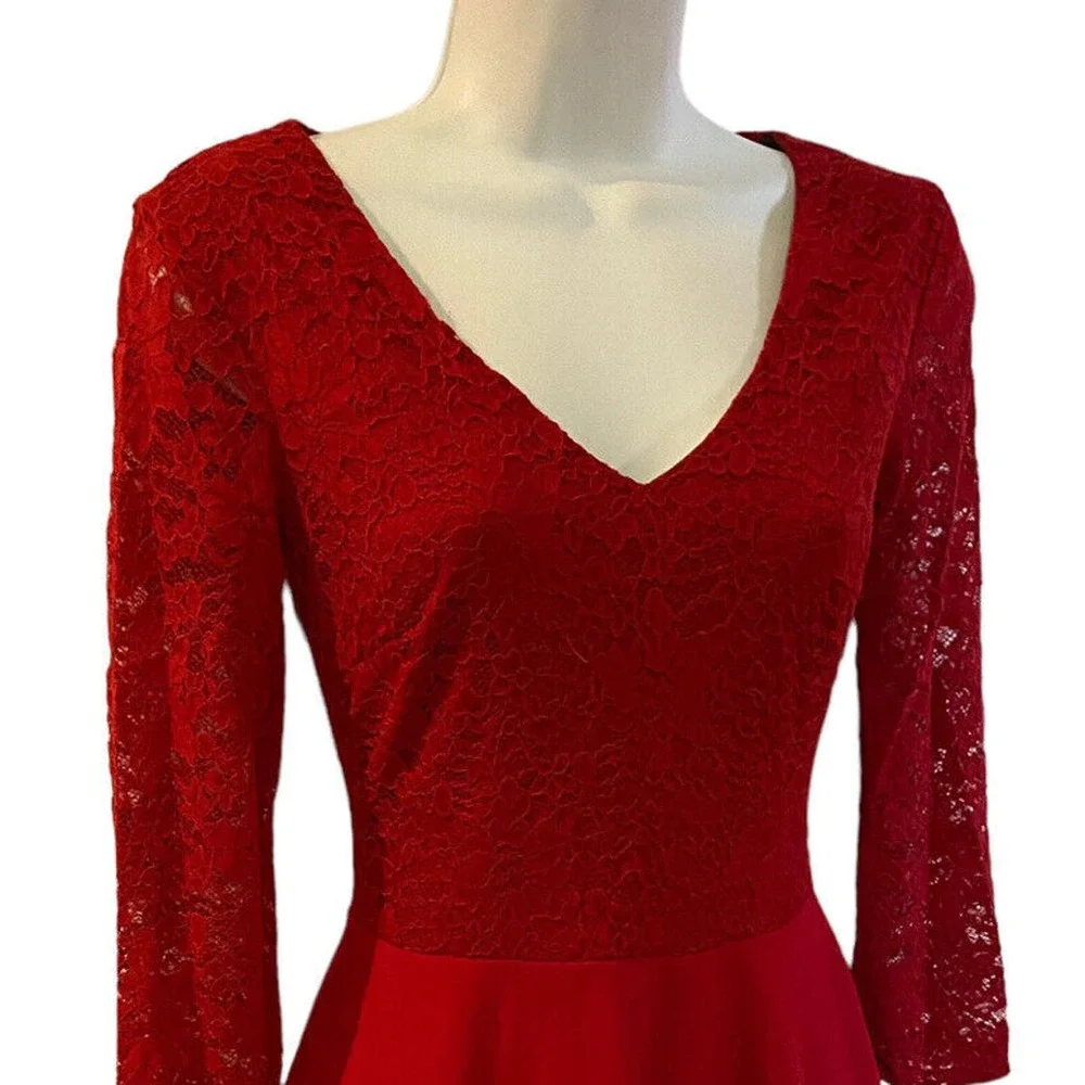 B. Darlin Lace Crepe Ruby Red Bow Back Skater Cocktail Party Bow Back Mini Dress - Picture 11 of 15